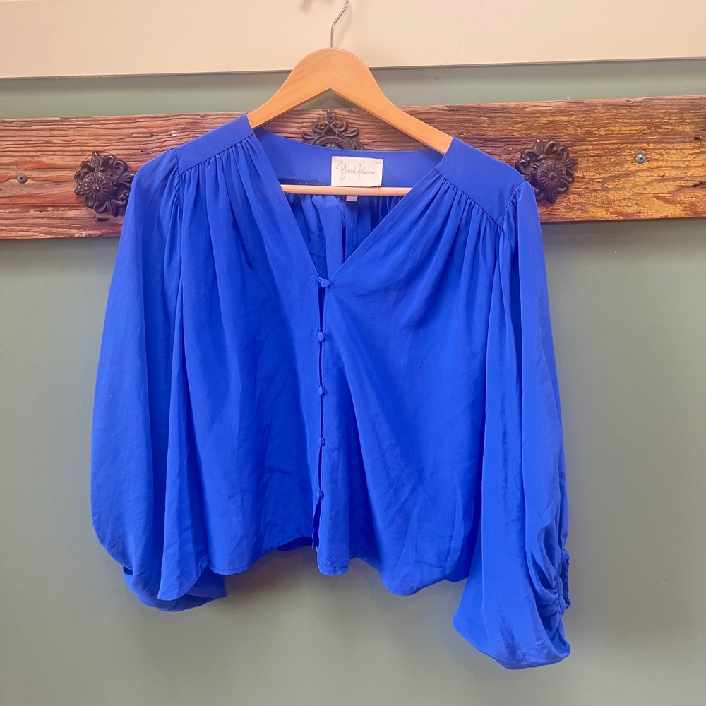 Yumi Kim Cobalt Blue 100% Silk V-Neck Balloon Sleeve Dolman Blouse XS